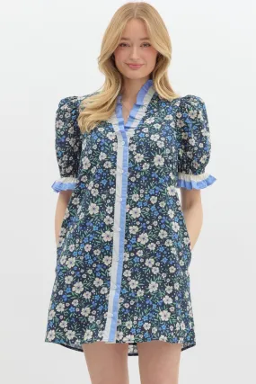 Navy Floral Puff Sleeve Dress