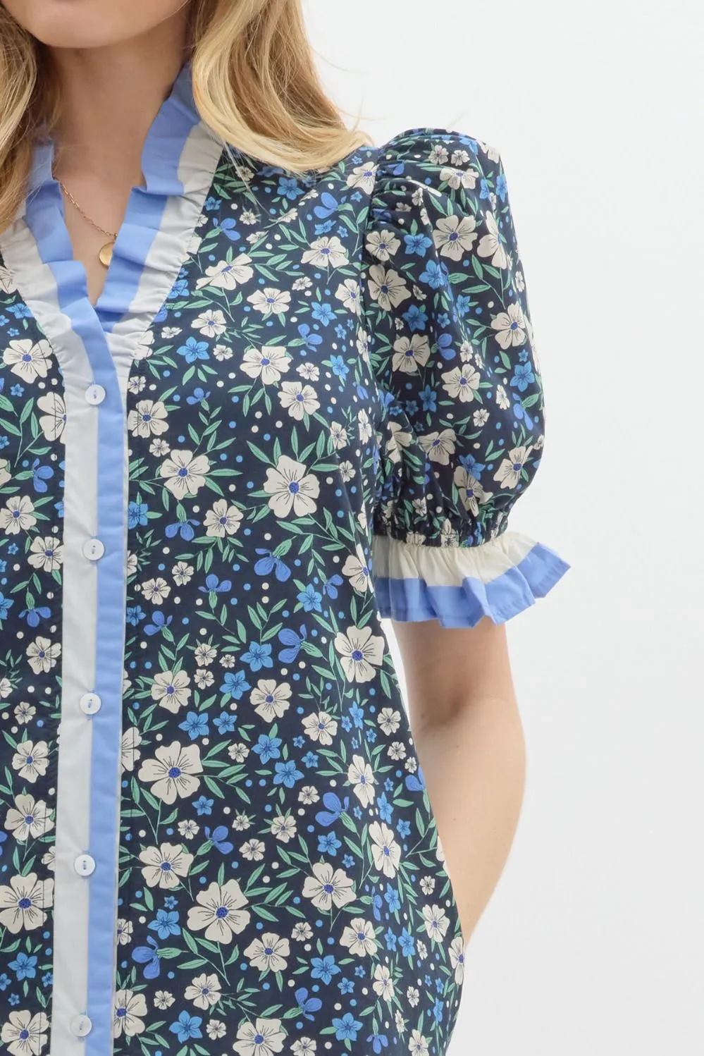 Navy Floral Puff Sleeve Dress