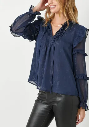 Navy Shimmer Chiffon Ruffle Sleeve Blouse