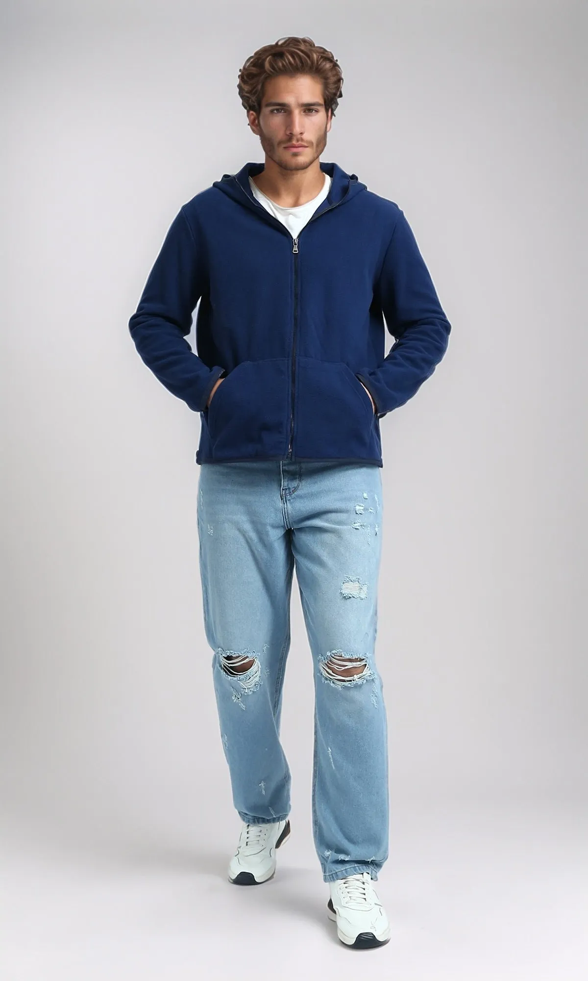 O201933 - Long Sleeves Regular Zipped Hoodie - Navy Blue
