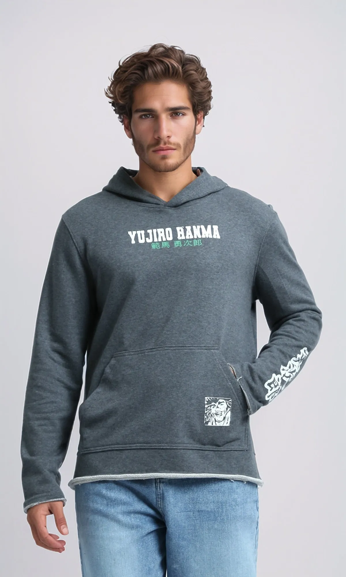 O202179 - Printed ''Yujiro Hanma'' Hoodie - Heather Dark Grey