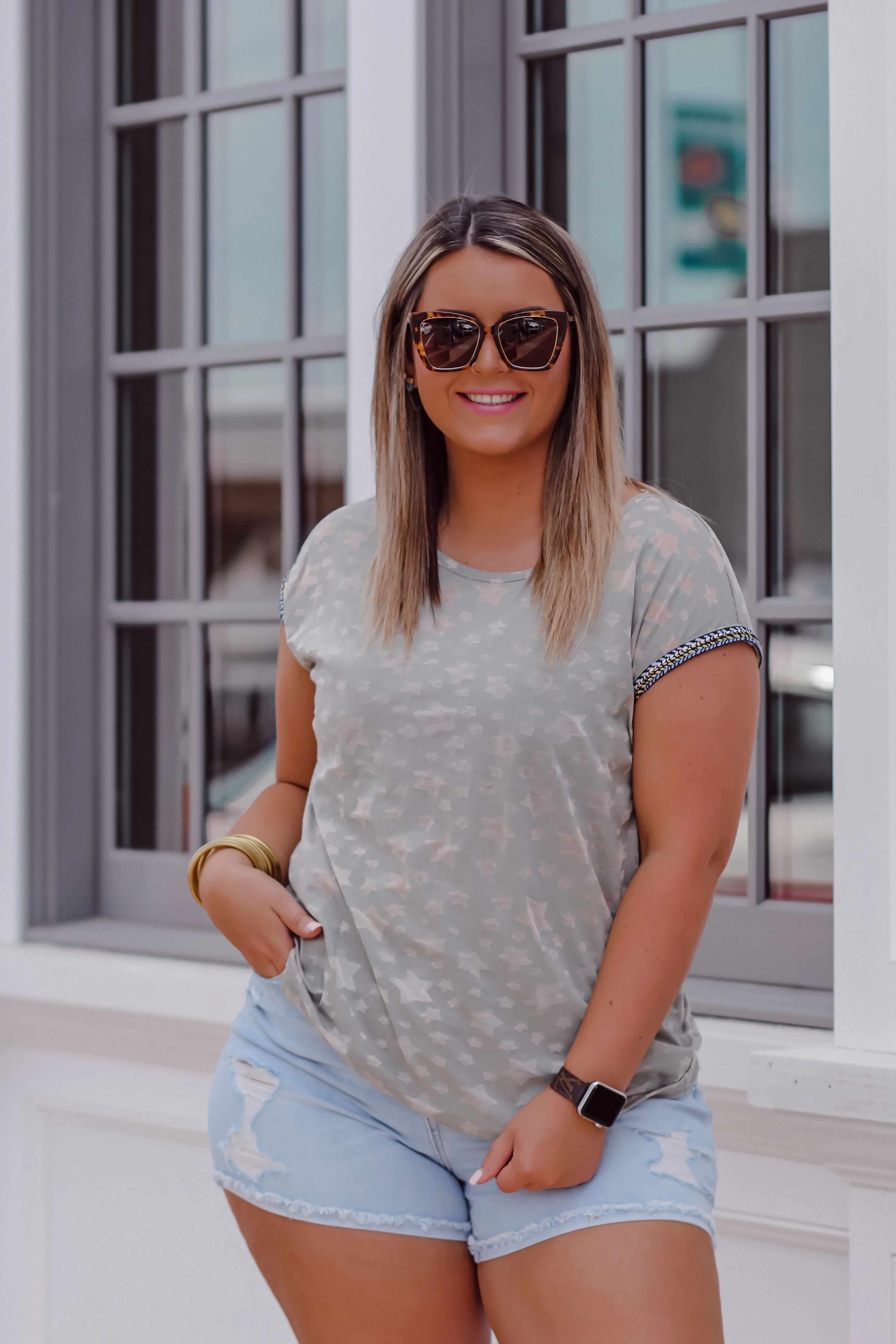 Olive Star Print Embroidered Sleeve Top