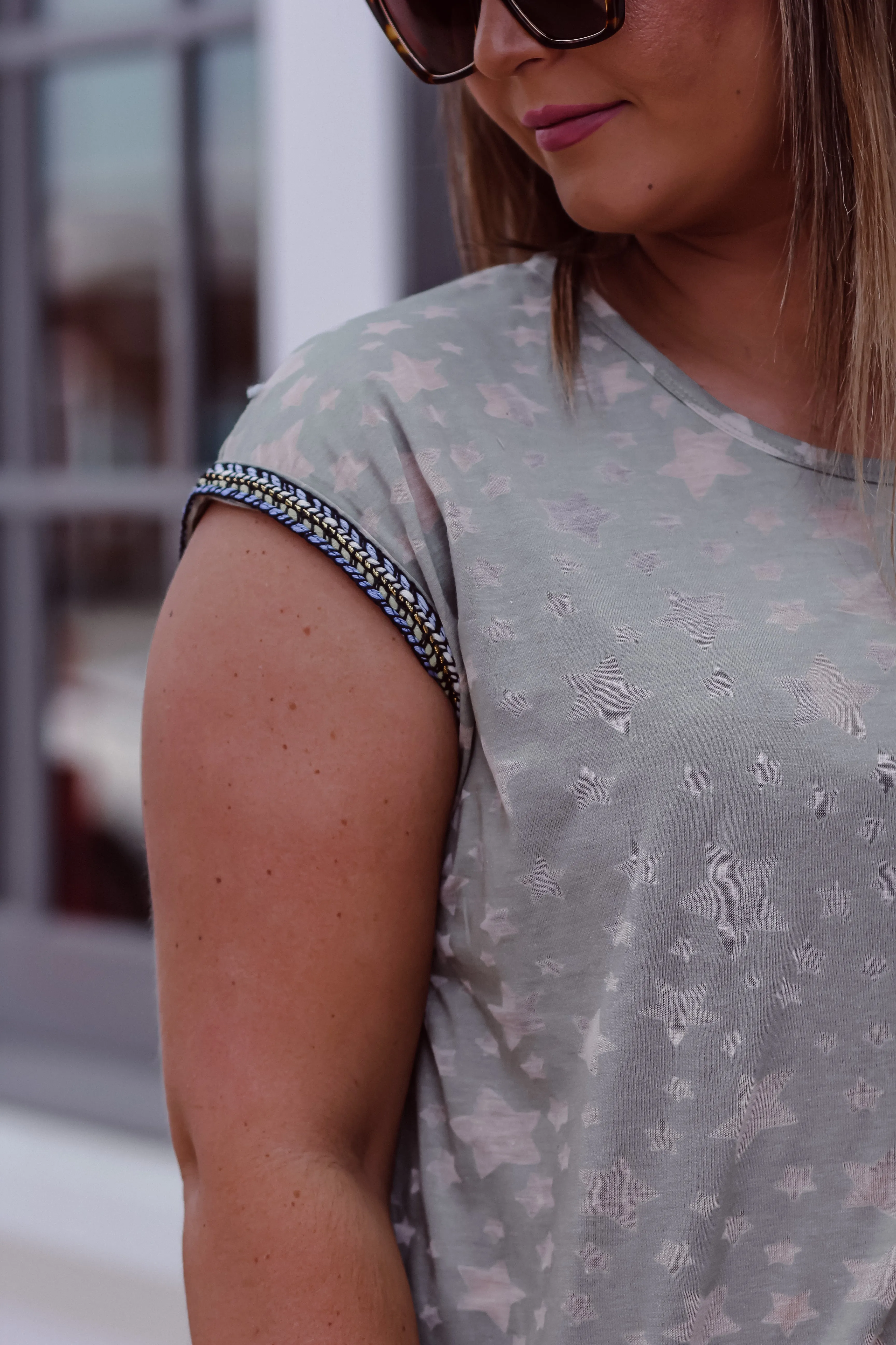 Olive Star Print Embroidered Sleeve Top