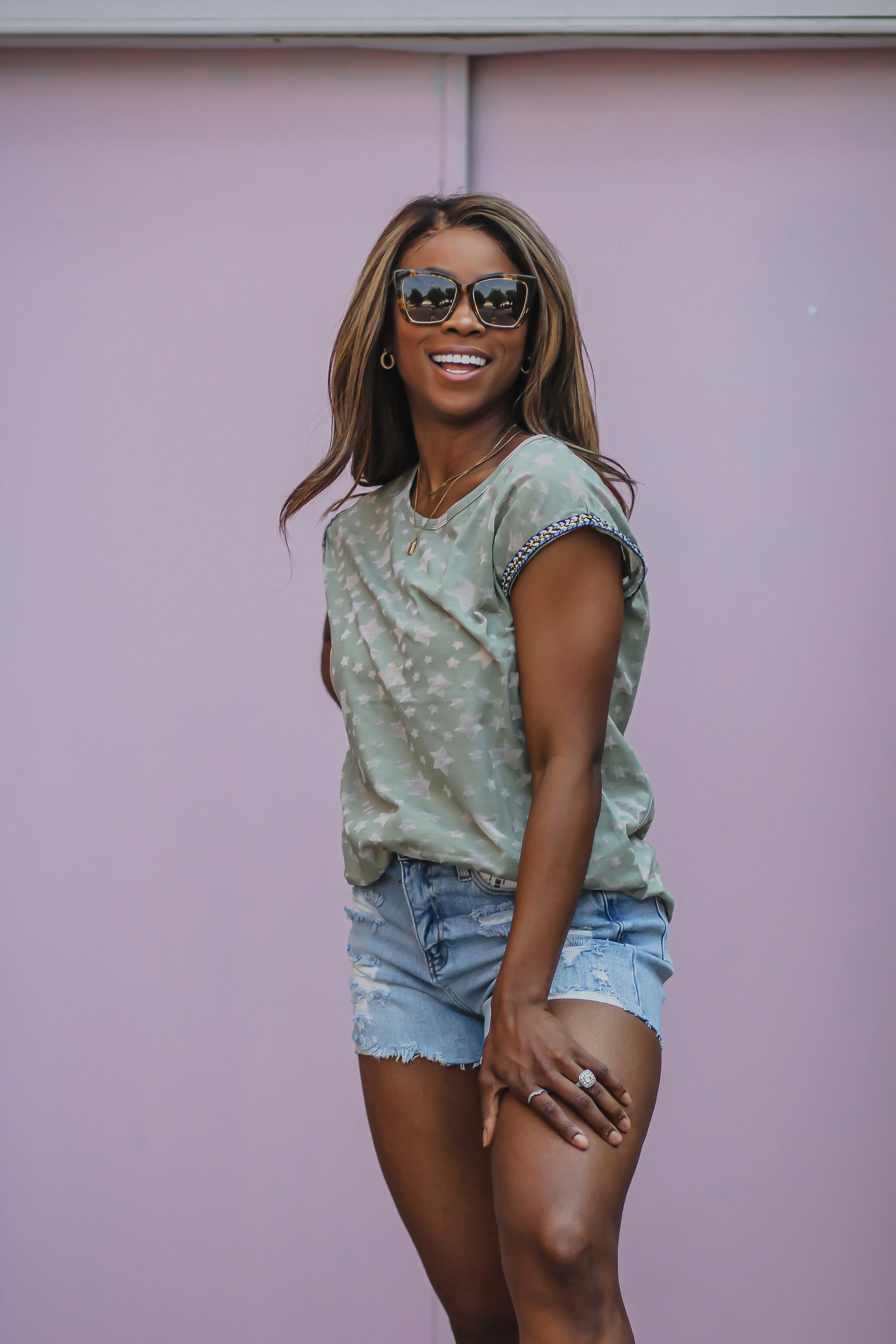 Olive Star Print Embroidered Sleeve Top