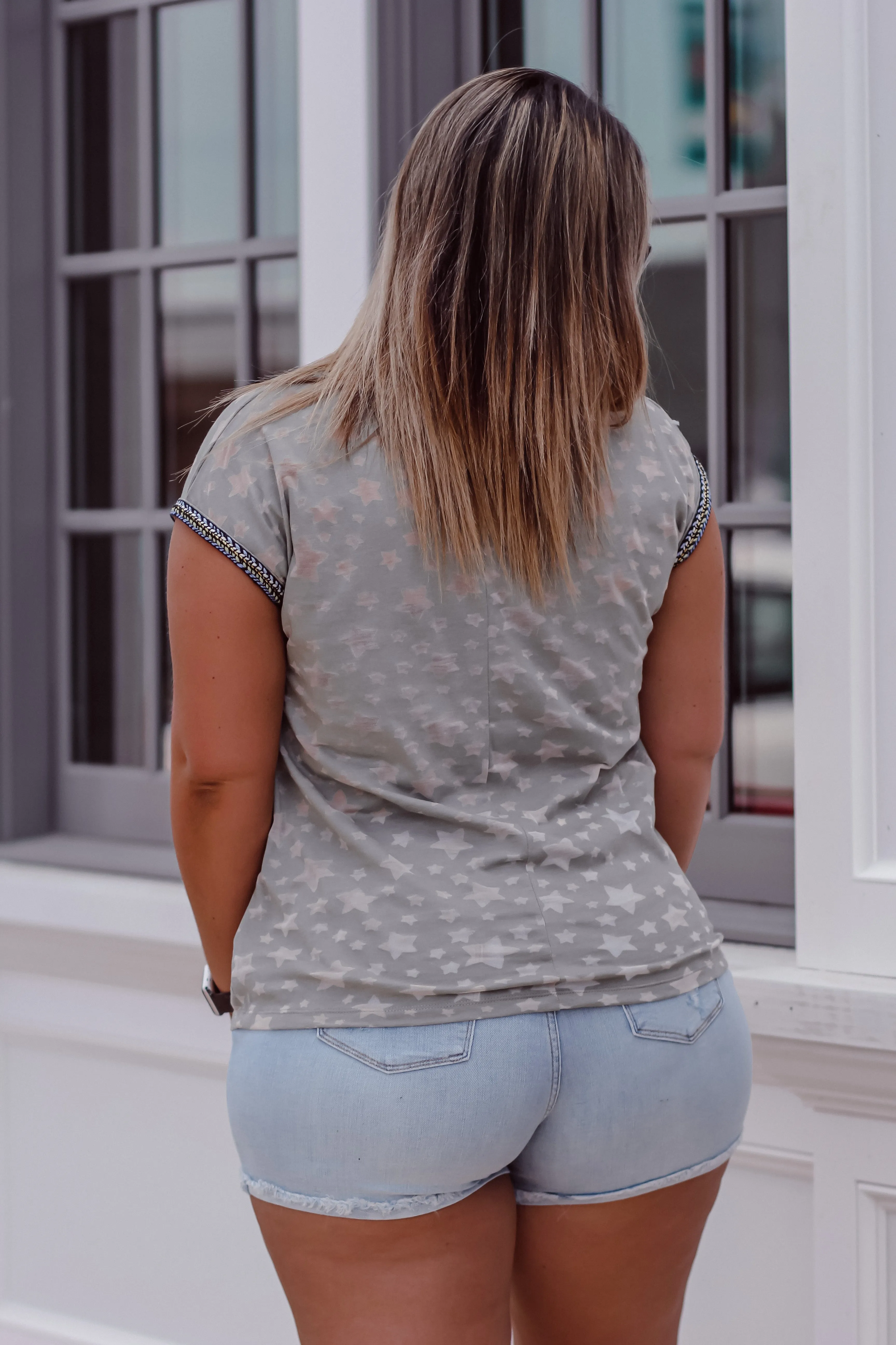 Olive Star Print Embroidered Sleeve Top