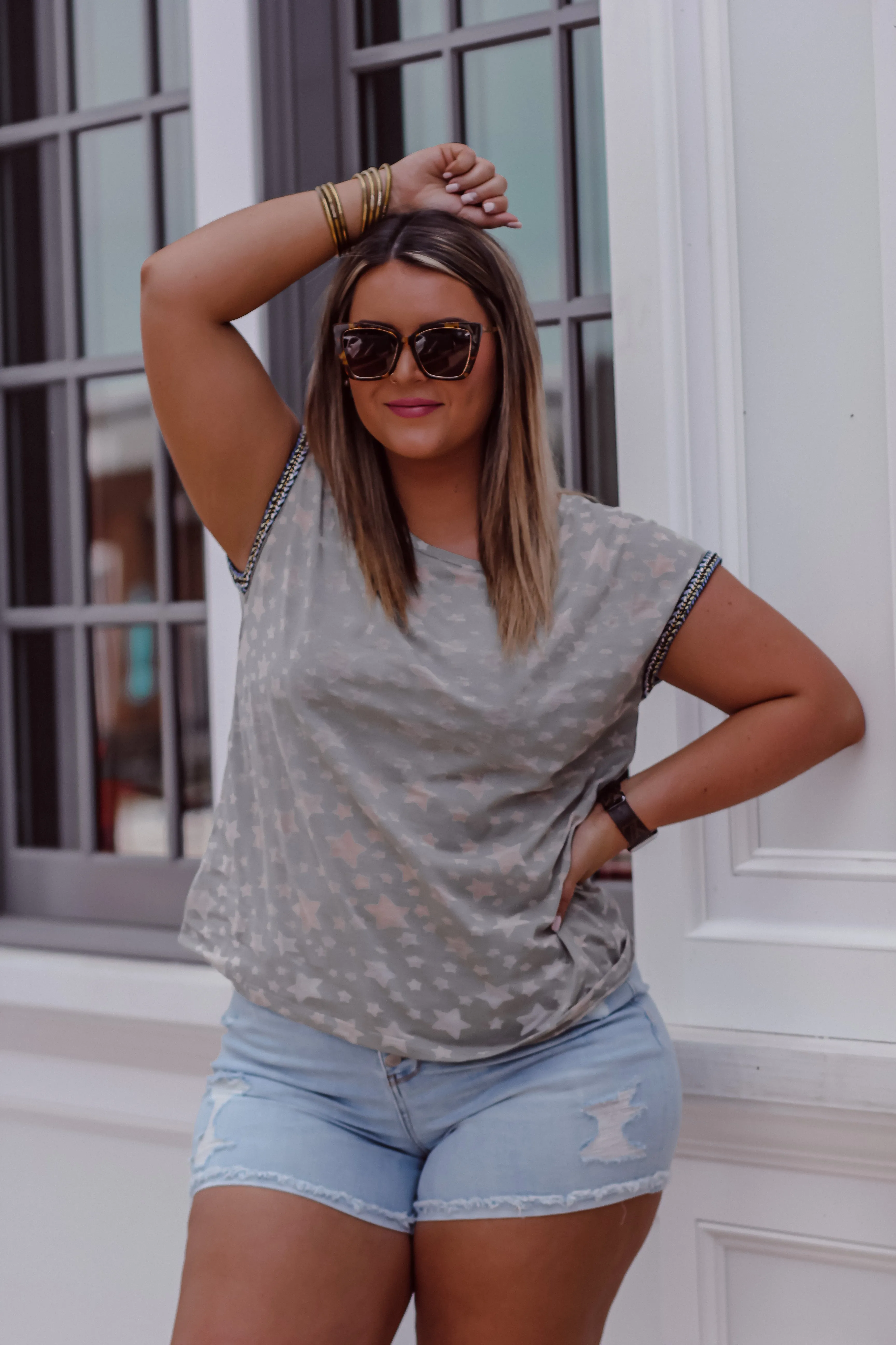 Olive Star Print Embroidered Sleeve Top