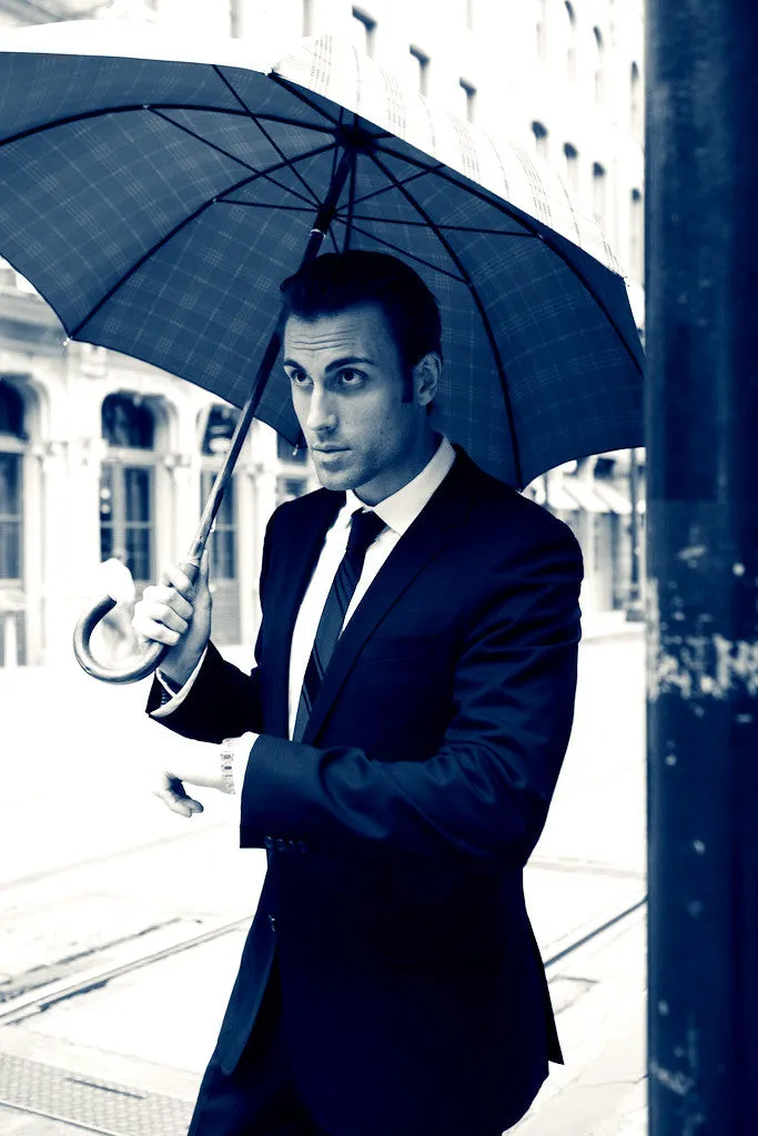Ombrelli Handcrafted Umbrella with Wood Handle - Gray Herringbone