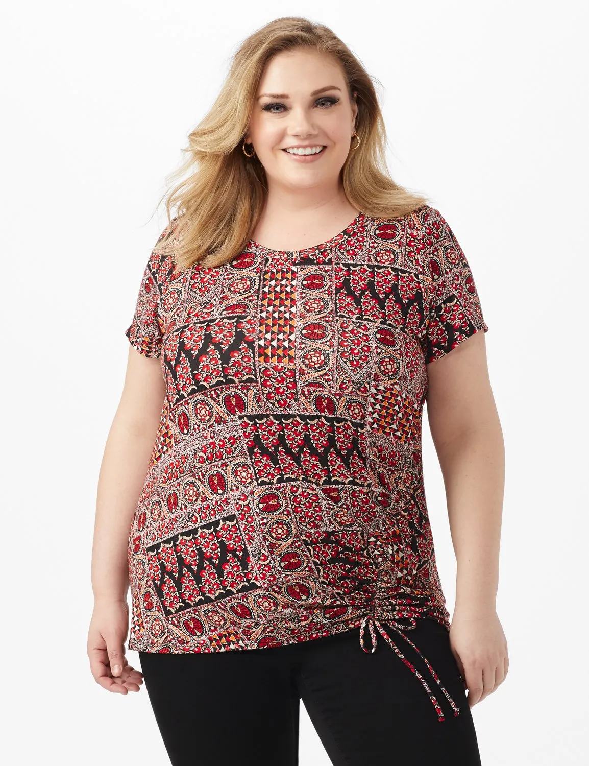 Patchwork Ruched Tie Front Top