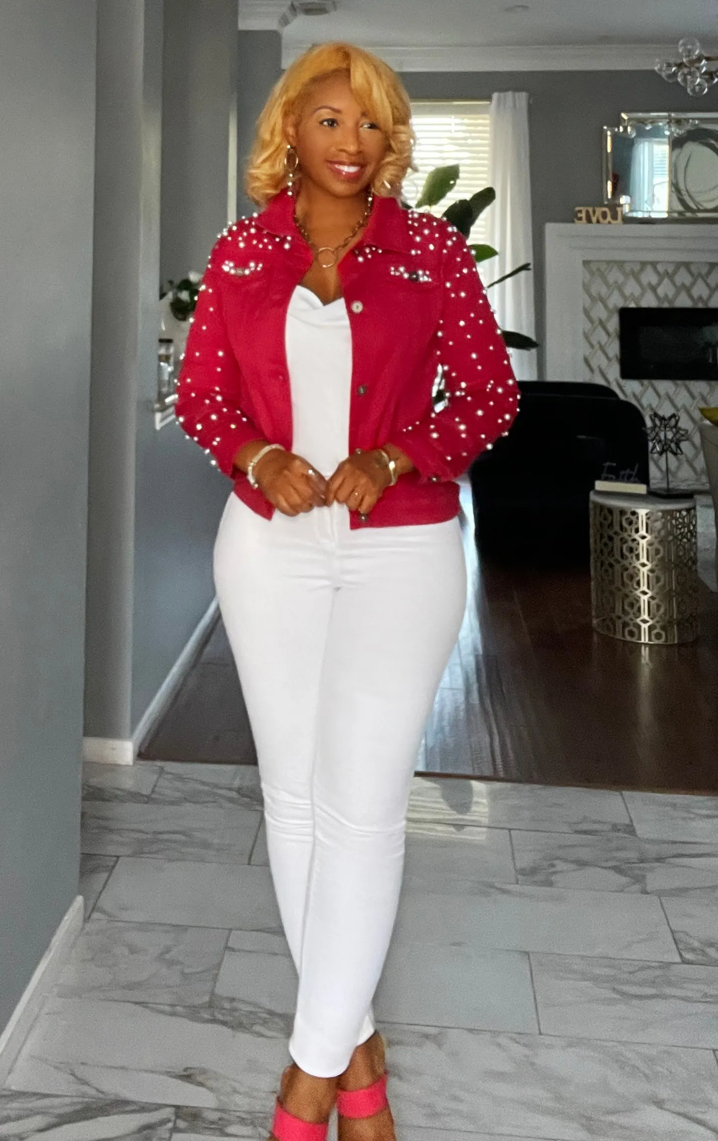 Pearls for the Girls- Red Denim Jacket with Pearl Accents