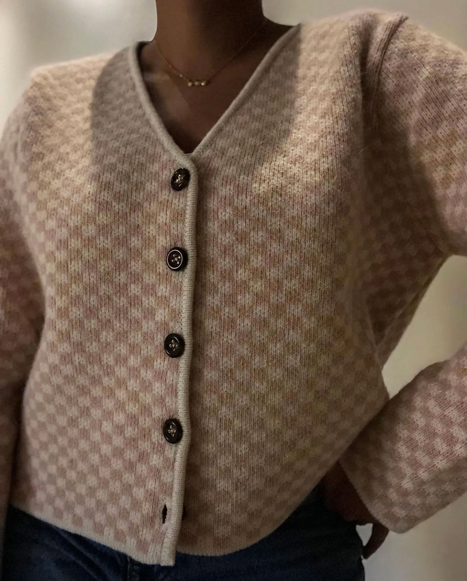 Pink Checker Wool Cardigan