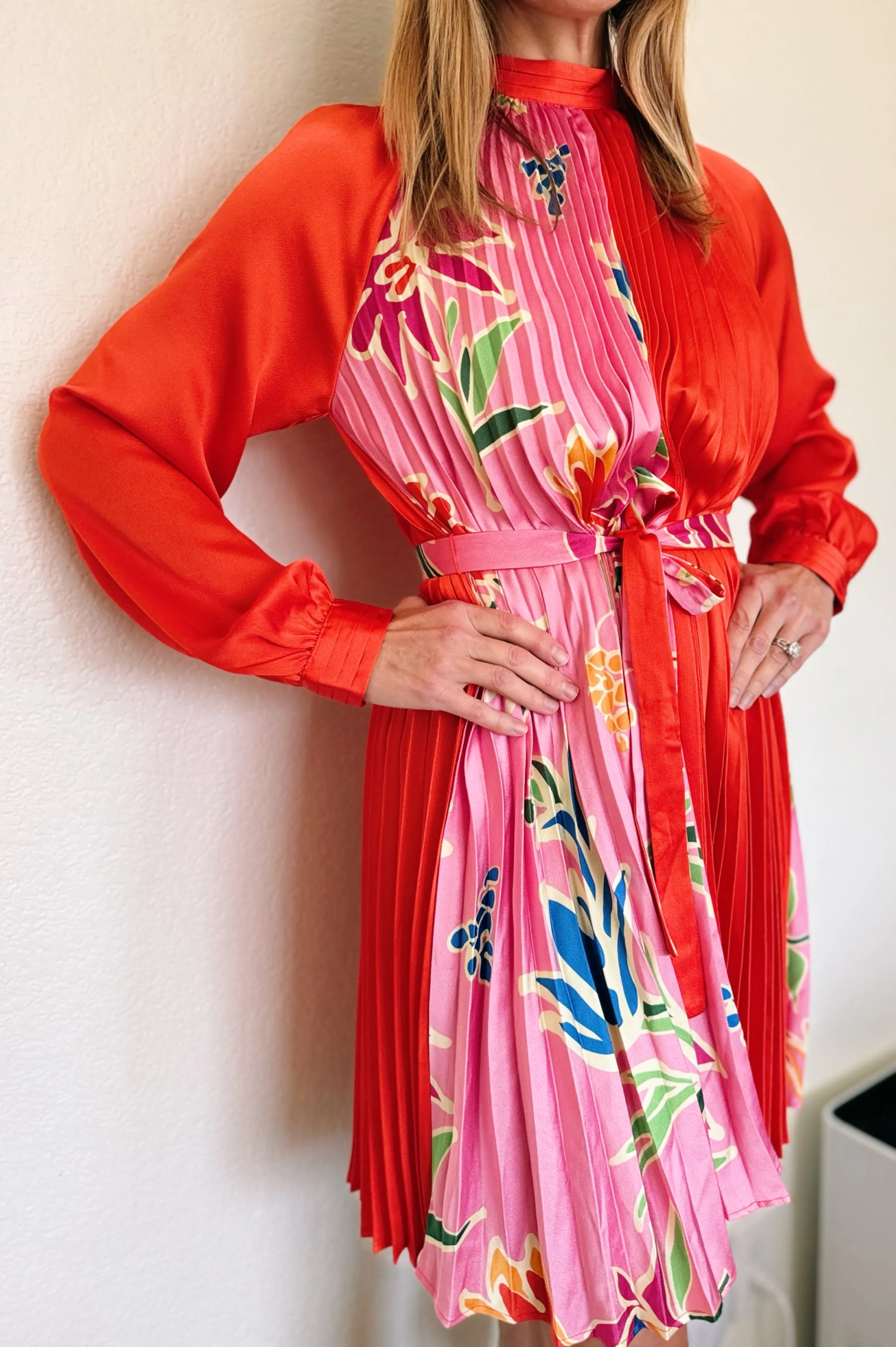 Red & Pink Pleated Tie Waist Dress