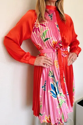 Red & Pink Pleated Tie Waist Dress