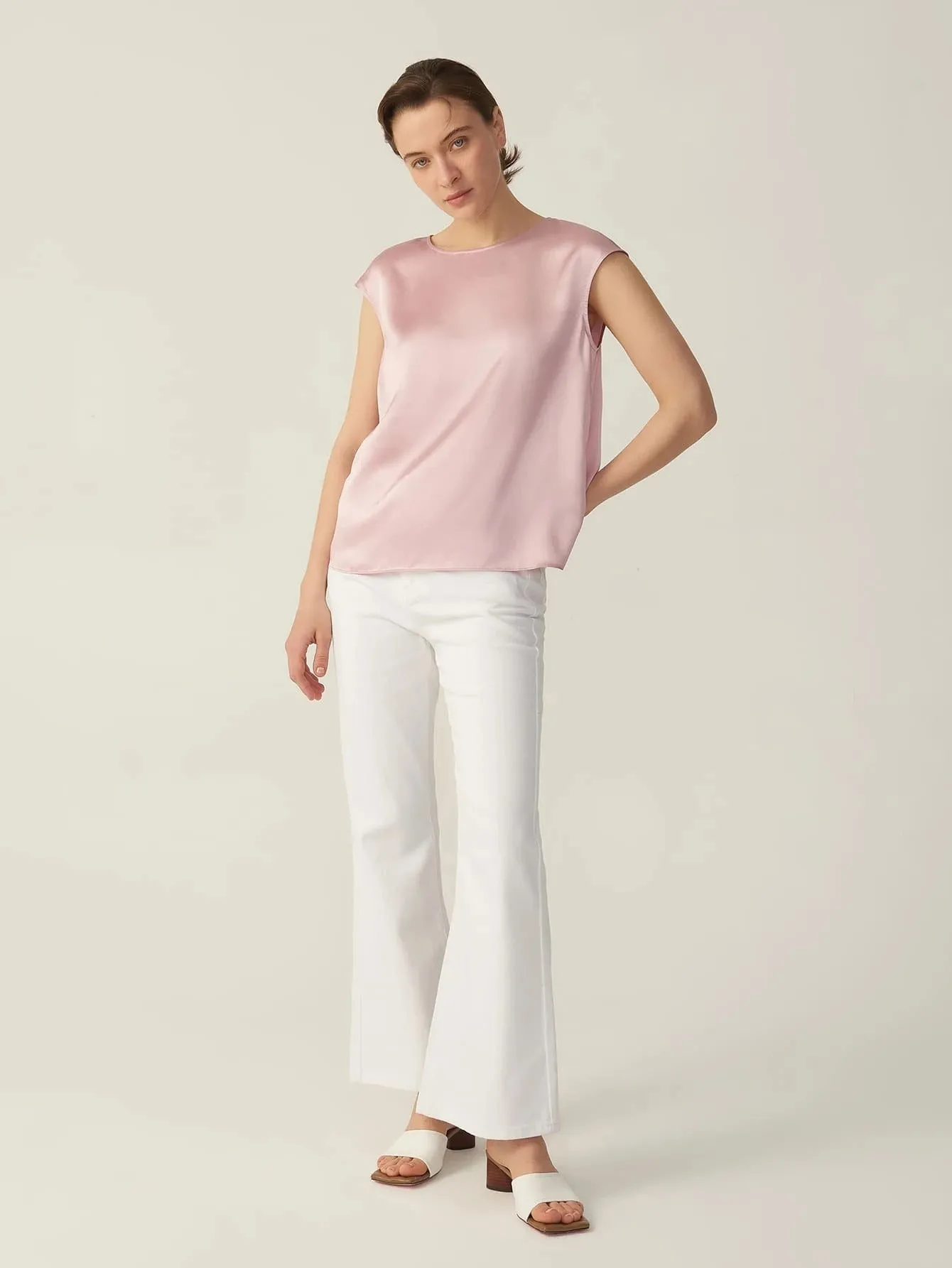 Simple Pure 100% 22mm Mulberry Silk Grade 6a Sleeveless  Silk T Shirt for Women