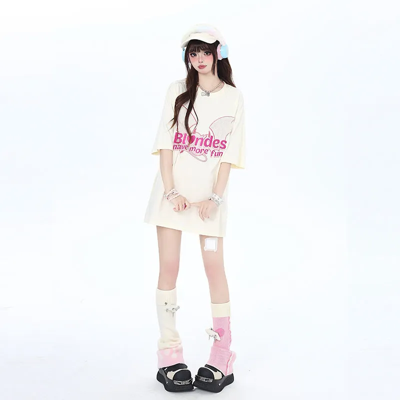 Summer Sweet American Style Pink Graphic Print T-shirt