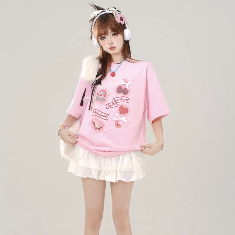Summer Sweet Girl Style Pink Round Neck T-shirt