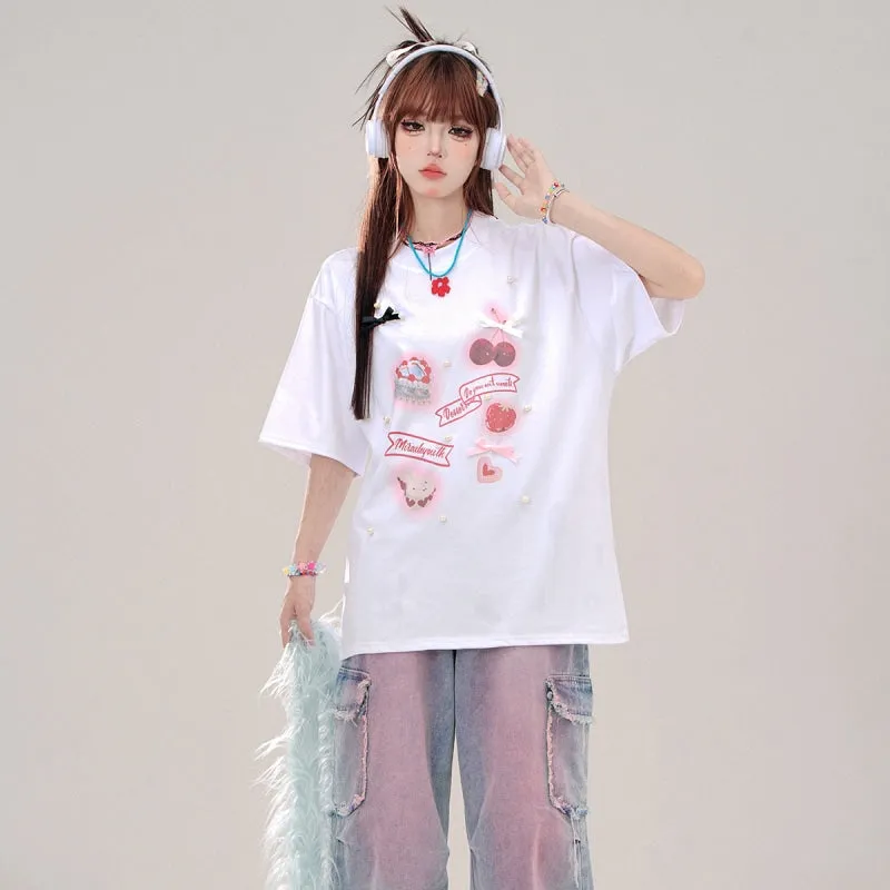 Summer Sweet Girl Style Pink Round Neck T-shirt