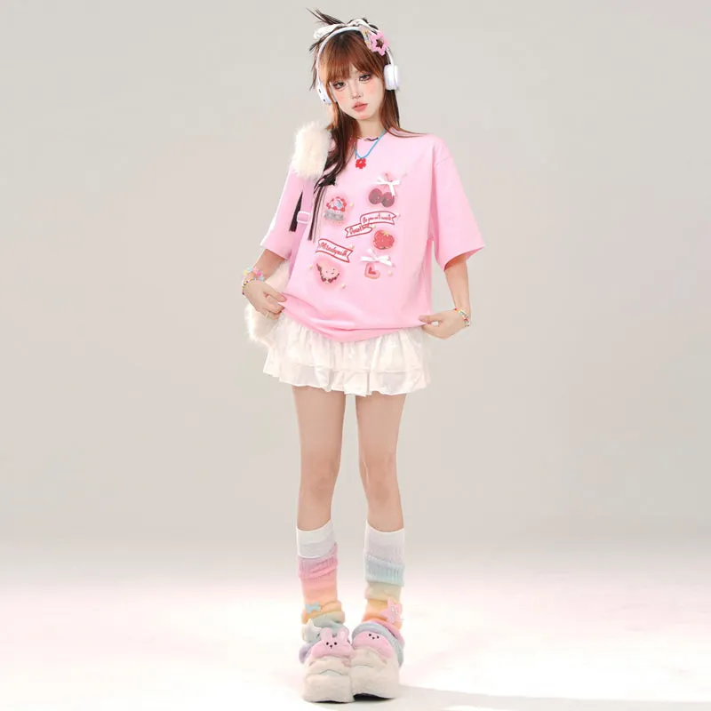 Summer Sweet Girl Style Pink Round Neck T-shirt