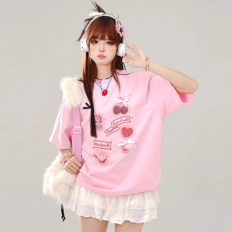 Summer Sweet Girl Style Pink Round Neck T-shirt