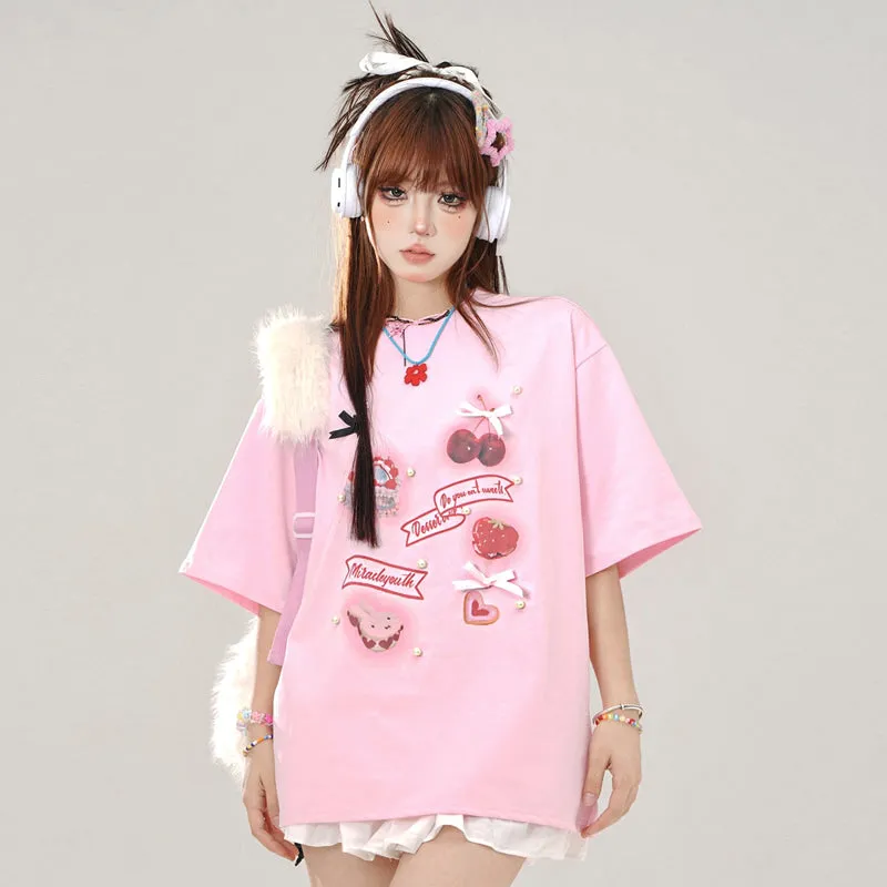 Summer Sweet Girl Style Pink Round Neck T-shirt