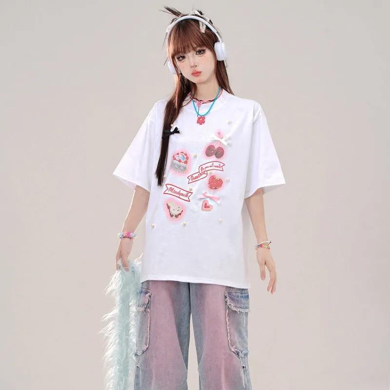 Summer Sweet Girl Style Pink Round Neck T-shirt