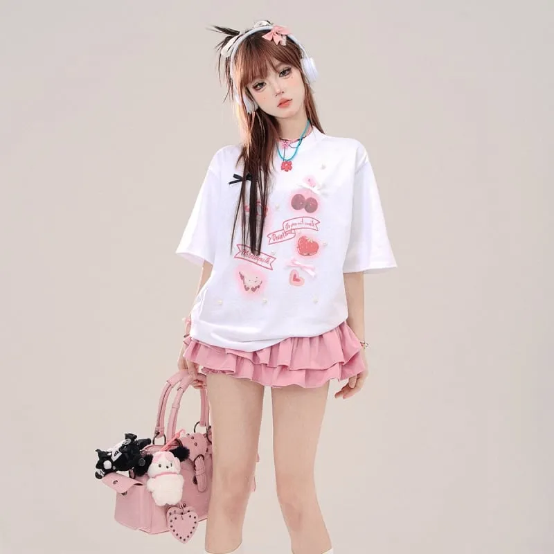 Summer Sweet Girl Style Pink Round Neck T-shirt