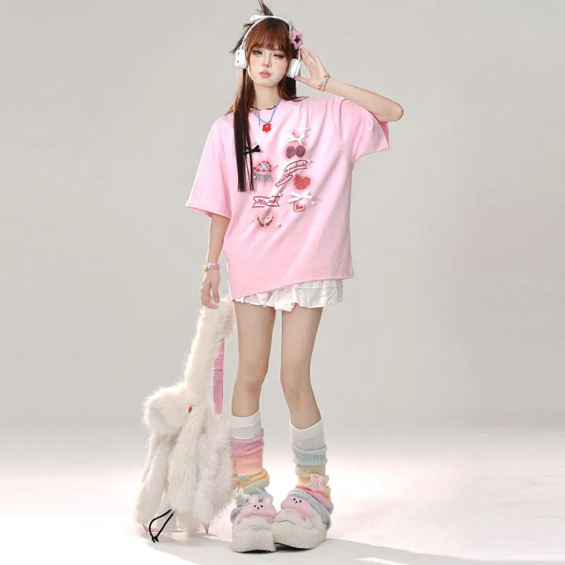 Summer Sweet Girl Style Pink Round Neck T-shirt