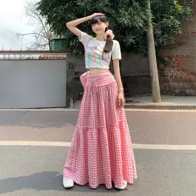Wenkouban church outfit Retro Pink Plaid Lace-up High Waist Skirt for Women 2024 Summer New Loose Slimming Casual Skirt Umbrella Skirt