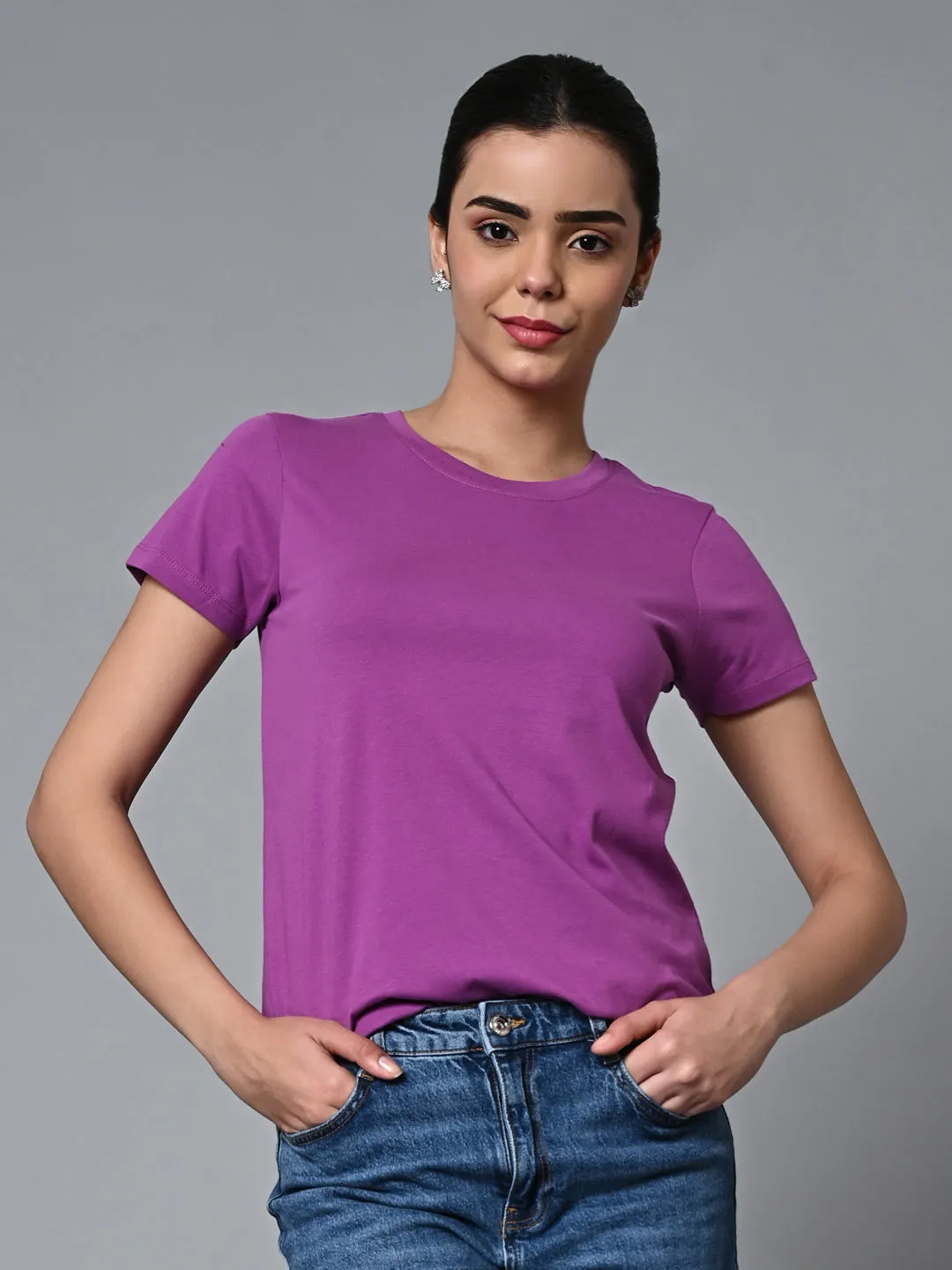 Women's Purple Cotton Regular Fit Tshirt