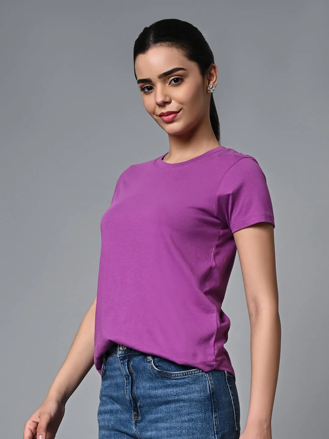 Women's Purple Cotton Regular Fit Tshirt